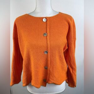Cubix Orange Knit Sweater with Jagged hemline Button details Sz M Linen Cotton
